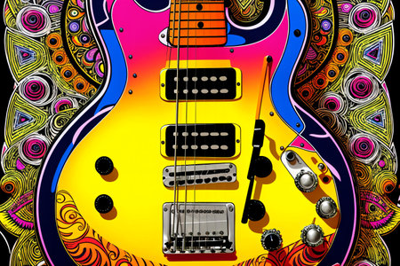 This electric guitar illustration is a vibrant and bold addition to any music lover's collection. The intricate patterns and psychedelic style make it a true work of art. . Generative AI.の素材