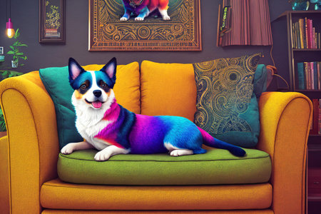 A furry friend takes a break from lounging on the sofa to check out the latest on social media, enjoying a moment of relaxation and leisure. . Generative AI.の素材