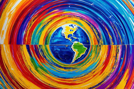 This abstract painting is a celebration of our planet Earth, with its vibrant colors and swirling patterns, created by a conscious consumer artist who cares about the environment. It is a unique and one-of-a-kind piece of art that will add a touch of color and beauty to any space. . Generative AI.の素材