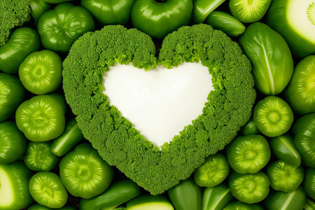 This heart-shaped banner made of fresh green vegetables and leafy food is a perfect symbol of health and organic produce. Captured in a garden, it's a great addition to any food-related project. . Generative AI.の素材