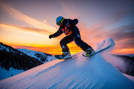 Experience the thrill of the ride as a snowboarder carves down a snowy slope, leaving a trail of powder behind, with a stunning sunset sky in the background. . Generative AI.の素材