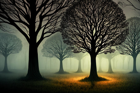 A mysterious and eerie forest at night, with dark tree silhouettes and a misty glow that adds a touch of surrealism and fantasy to the scene. . Generative AI.の素材