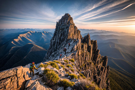 Experience the thrill of the climb with this stunning image of a professional extreme climber pushing the limits of human endurance and exploring the beauty of nature from new heights. . Generative AI.の素材