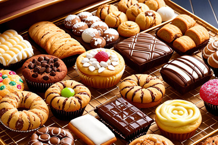 Indulge in the sweetest treats with this pattern of pastries, cookies, and chocolate. Perfect for any food lover or pastry chef, this background is sure to satisfy any sugar cravings. . Generative AI.の素材