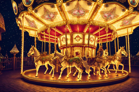 Experience the enchantment of this magical carousel with its intricate details and whimsical atmosphere, as tiny pixies fly around and fairy lights twinkle in the air. . Generative AI.の素材