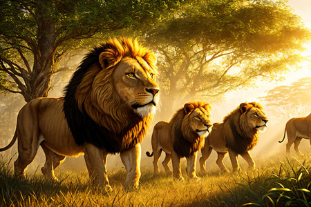 Witness the power and grace of the king of the jungle as he leads his pride through the lush greenery, basking in the warm glow of the sun. . Generative AI.の素材