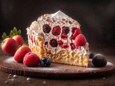 Slice of cake with cream and berries on a wooden background.generative aiの素材