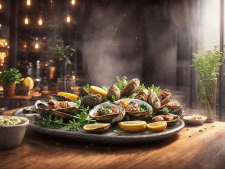 Vibrant Seafood Eatery Oysters and White Wine . AI Generated. AI Generated.の素材
