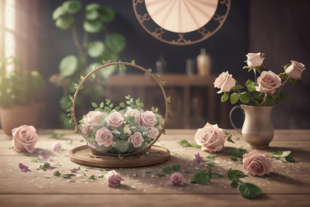 Flowers in a vase on a wooden table. Vintage style.の素材