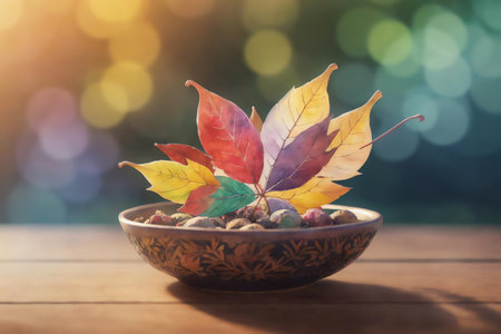 Colorful autumn leaves in bowl on wooden table with bokeh backgroundの素材