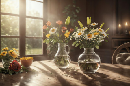 Bouquet of wildflowers in glass vase on wooden table.の素材