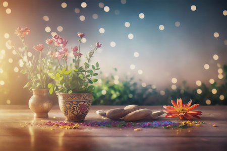 flowers in vase on wooden table with bokeh backgroundの素材