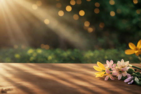 Wooden table with spring flowers on bokeh background, space for textの素材
