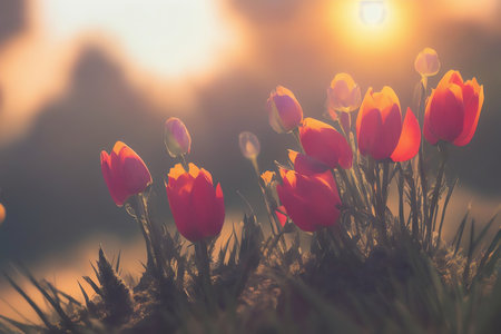 Tulip flowers in the meadow at sunset, vintage filterの素材