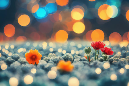 Colorful flowers in snow with bokeh background and copy spaceの素材