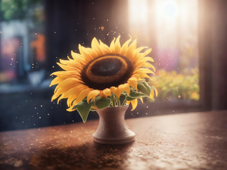 Sunflower in vase on wooden table with morning sunlight background.の素材