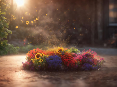 bouquet of colorful flowers in the garden at sunset or sunriseの素材