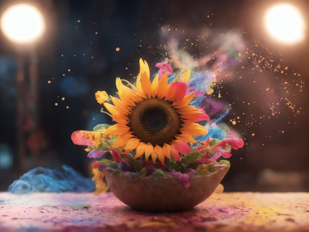 Happy Diwali - Clay Diya with sunflower and colorful smokeの素材