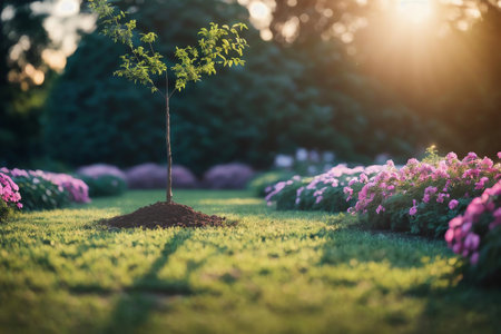 Rendering of Planting for the Future A Hand Planting a Small Tree at Sunset. AI Generated. AI Generated.の素材