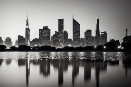 Rendering of City Nights Stunning Black and White Photograph of a City Skyline. AI Generated. AI Generated.の素材