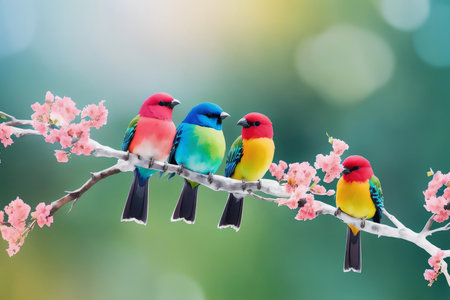 Image of Colorful Birds on Blooming Tree Branch . AI Generated.の素材