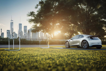 Rendering of Electric Car Charging at Sleek Modern Station. AI Generated.の素材