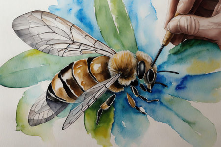 Beautiful Hand Drawn Honey Bee Watercolor Painting . AI Generated.の素材