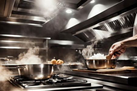 Busy Restaurant Kitchen with Chef Cooking . AI Generated.の素材