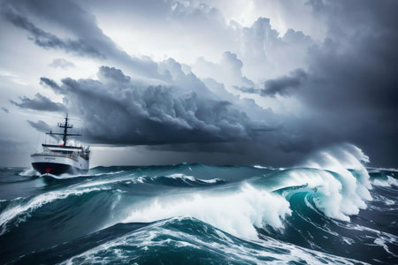 Battling the Elements A Motor Ship in Stormy Weather. AI Generated.の素材