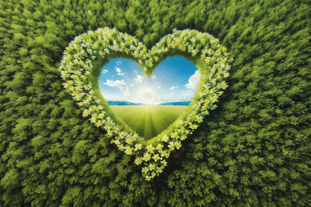 Love for the Earth A Heart Shaped Planet on a Green Meadow. AI Generated.の素材