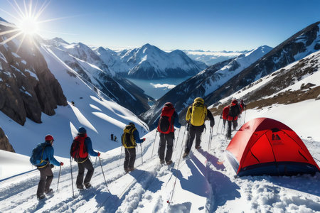 Scaling New Heights A Group of Mountain Climbers on a Sunny Day. AI Generated.の素材