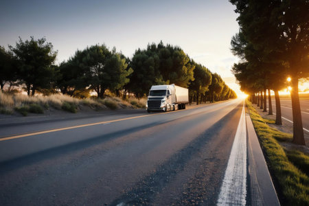 Speeding Commercial Delivery Truck at Sunset. AI Generated.の素材