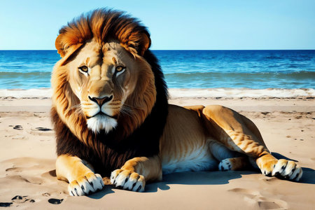 Lion on Summer Vacation at Seaside Resort and Relaxing on Summer Beach. AI Generated.の素材