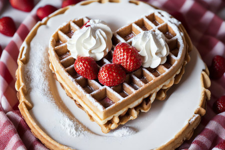 Heart Shaped Waffle Love Affair with Strawberries and Whipped Cream. AI Generated.の素材
