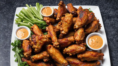 Crispy Chicken Wing Platter with Various Sauces. AI Generated.の素材