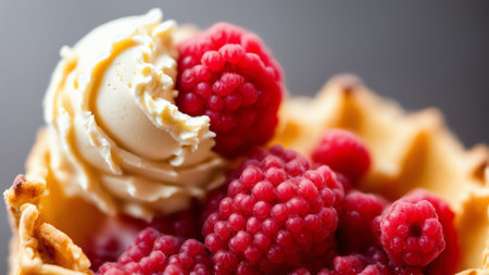 Raspberry Ice Cream Cone with Raspberry Sauce. AI Generated.の素材