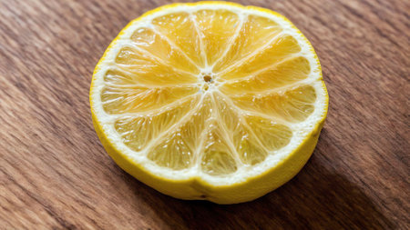 Lemon Slice on a Wooden Board. AI Generated.の素材