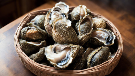 Rustic Oyster Basket with Fresh Oysters. AI Generated.の素材