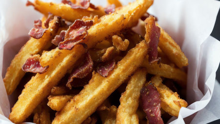 Satisfy Your Cravings with These Cheesy Bacon Fries. AI Generated.の素材