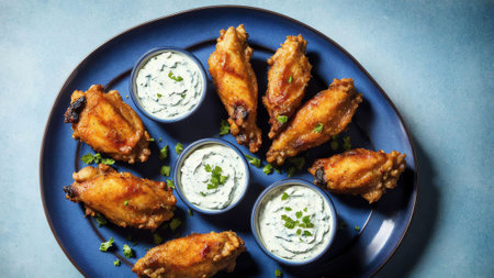 Tangy Blue Cheese Wings for National Chicken Wing Day. AI Generated.の素材
