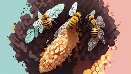 Playful Worker Bee Collecting Nectar from a Flower. AI Generated.の素材