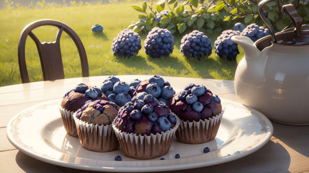 Blueberry Muffins on a Cooling Rack. AI Generated.の素材
