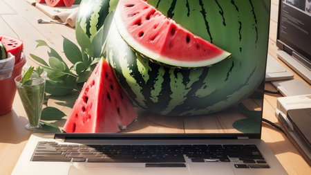 Celebrate National Watermelon Day with this Vibrant Watermelon Laptop Sticker. AI Generated.の素材