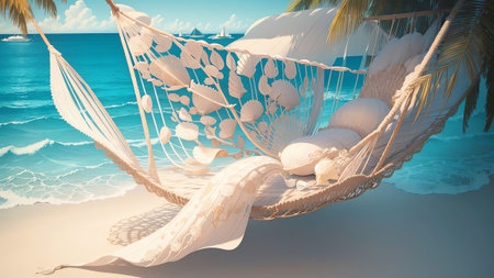 A Delicate Seashell in a Serene Hammock on National Hammock Day. AI Generated.の素材