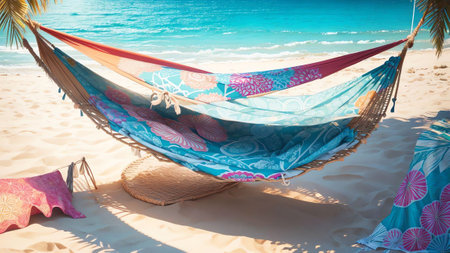 National Hammock Day Celebration with a Colorful Beach Towel. AI Generated.の素材