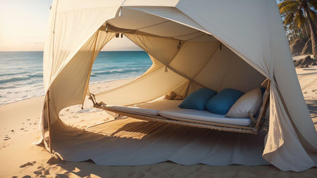 Serene Photo of a Beach Tent in the Golden Sands. AI Generated.の素材