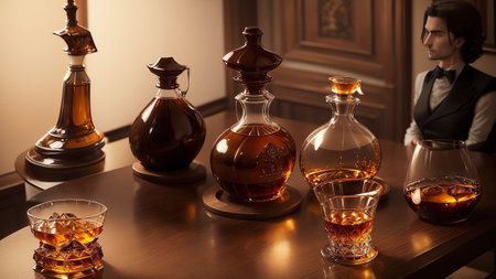 A Toast to National Scotch Day Capturing Elegance in a Whiskey Decanter. AI Generated.の素材