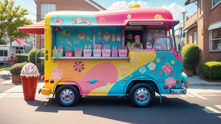 Marshmallow Madness Ice Cream Truck Delights Children on National Hot Fudge Sundae Day. AI Generated.の素材