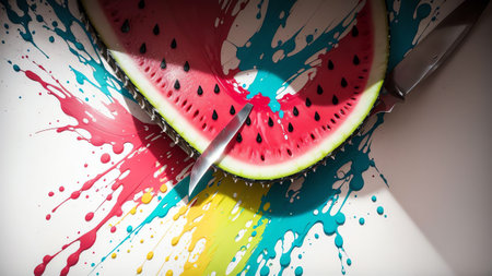 Cutting Edge Watermelon Knife for National Watermelon Day AI Generated.の素材