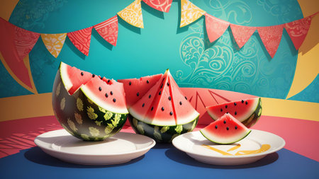Juicy Delights Watermelon Plates for National Watermelon Day AI Generated.の素材